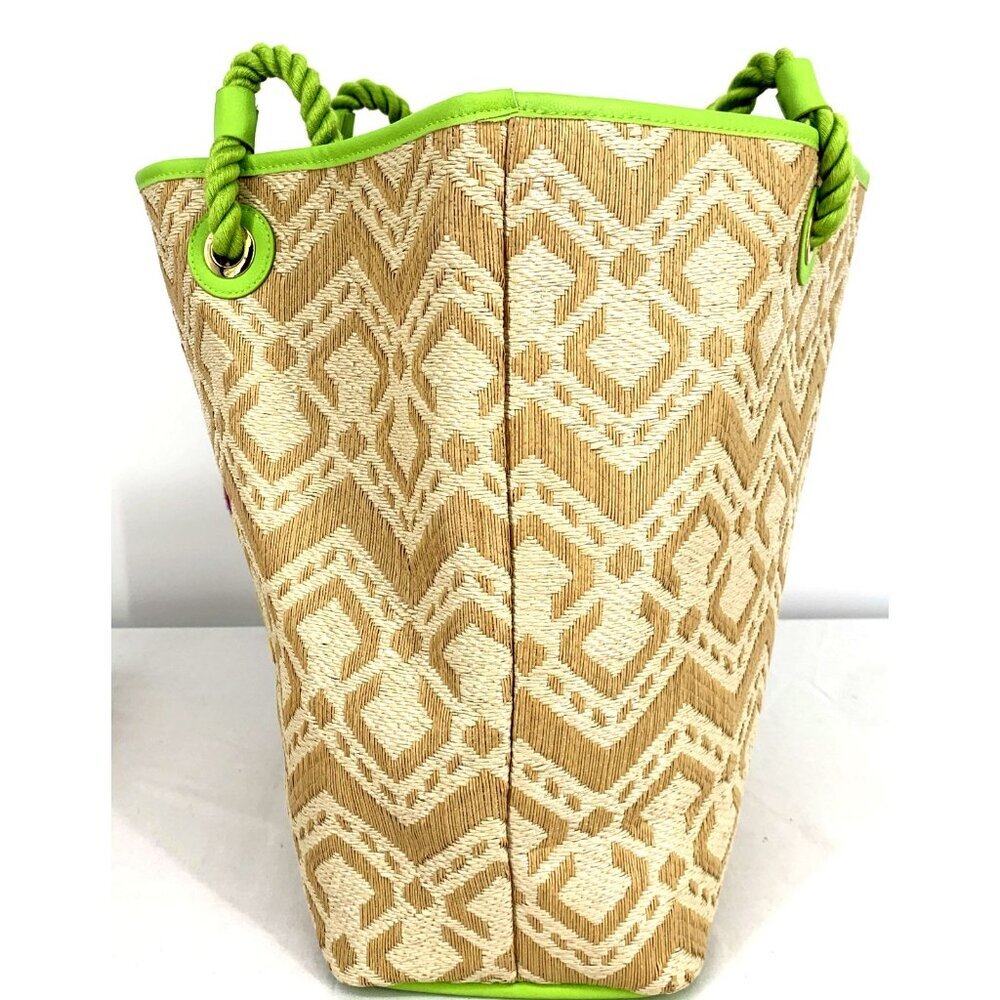 Vera Bradley Large Embroidered Floral Straw Beach Tote Bag Lime Green Purple NWT - Picture 5 of 9